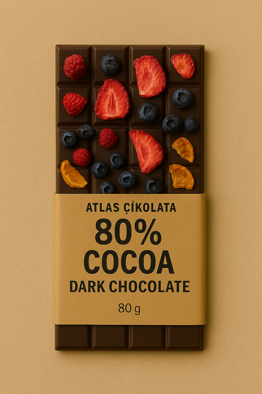 %80 Dark Bean to Bar Çikolata Şekersiz Kurutulmuş Meyveli